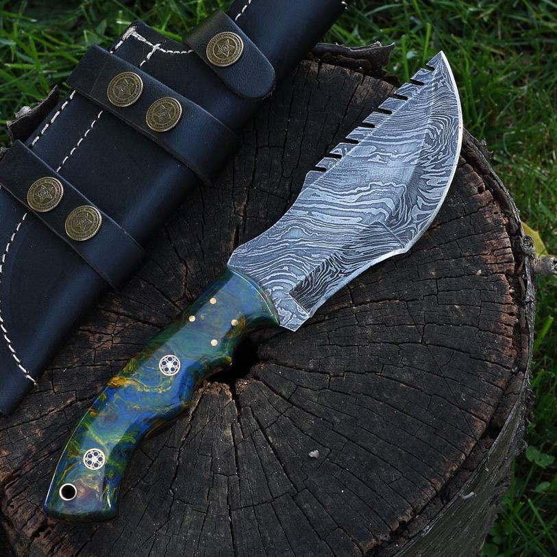 CUSTOM HAND FORGED DAMASCUS HUNTING BUSHCRAFT TRACKER KNIFE W/SHEATH A-3861