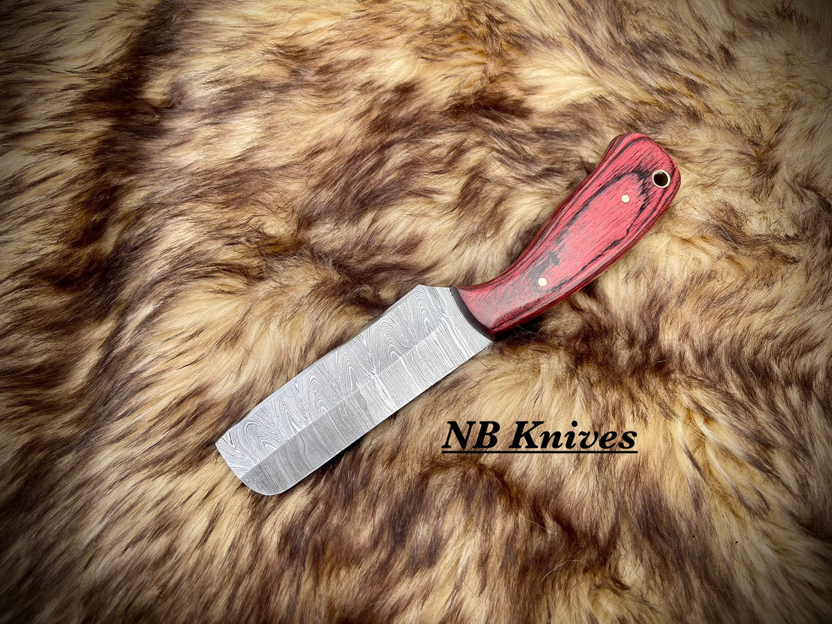 Handcrafted Damascus Cowboy Bull Cutter with Pakka Wood Handle & Leather Sheath