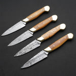 Custom Handmade Damascus Steel 4 Pcs Steak Knives Handle Olive Wood With Leather Kit Superior Steak Knife Set for Fine Dining Moments