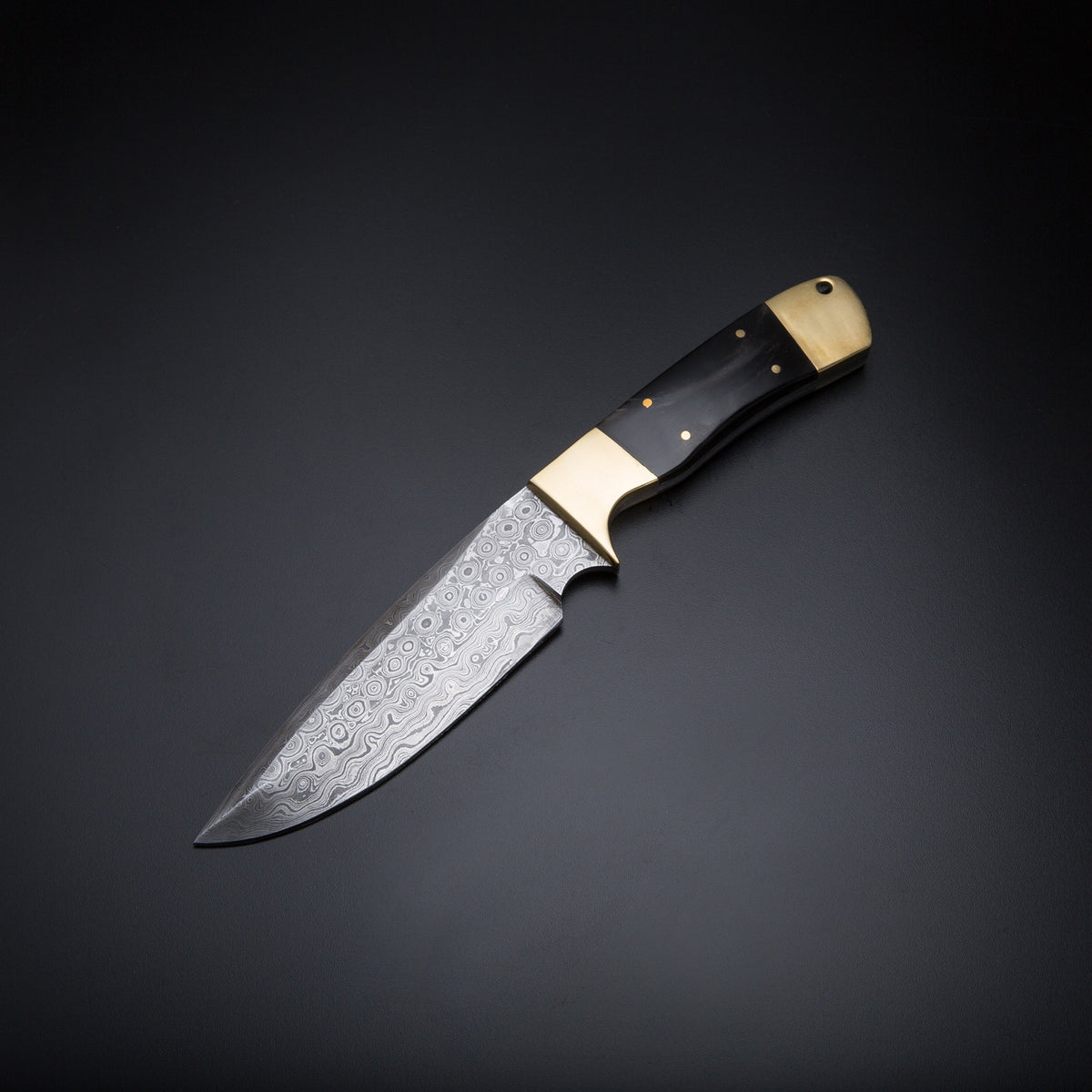 Handcrafted Damascus Steel Skinner Knife with Black Bull Horn & Brass Handle