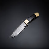 Custom Handmade Damascus Steel Skinner Knife Handle Black Horn/Brass Bolster With Leather Sheath Precision Blade for Professional Results
