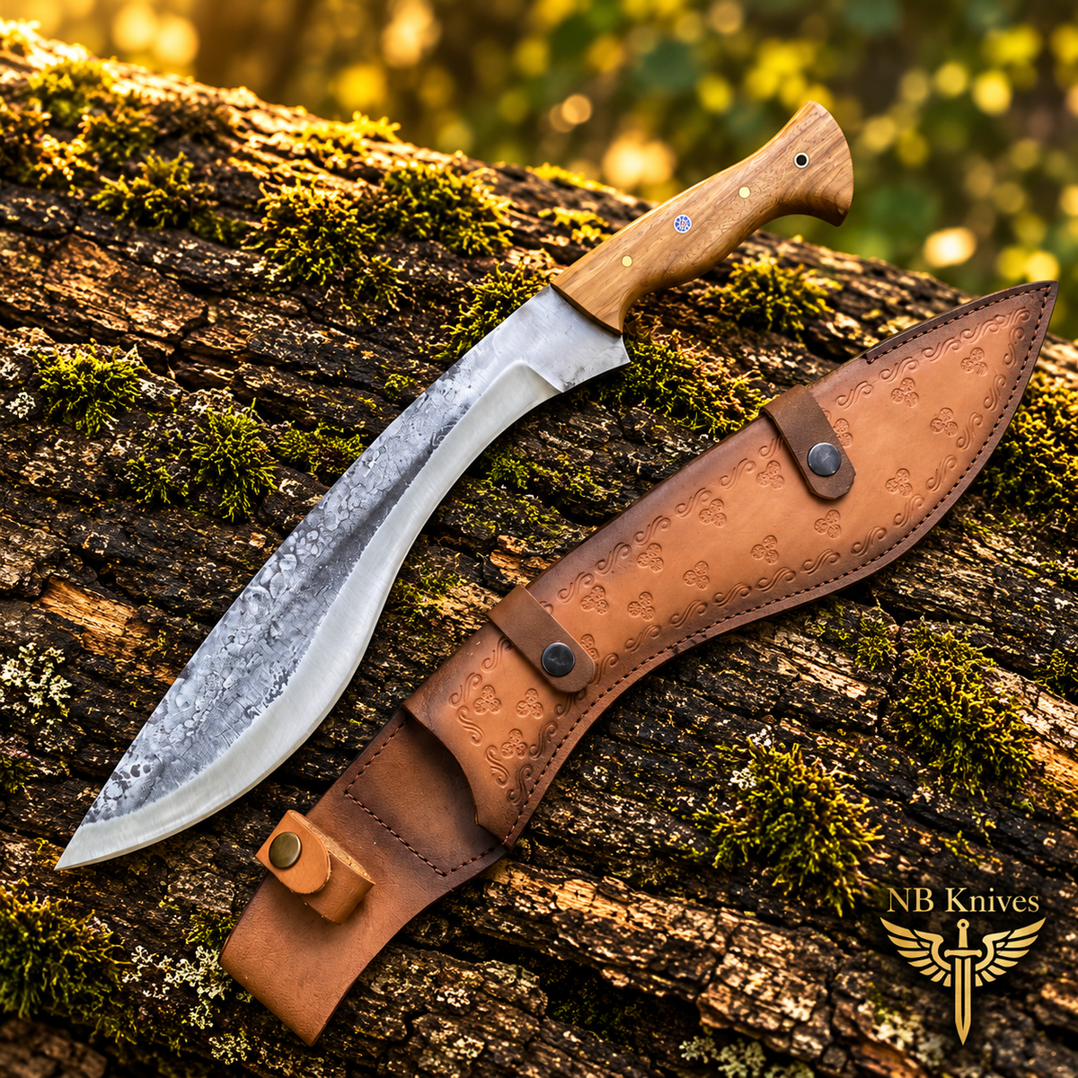 Custom Handmade 1095 High Carbon Steel Kukri Knife with Olive Wood Handle & Leather Sheath