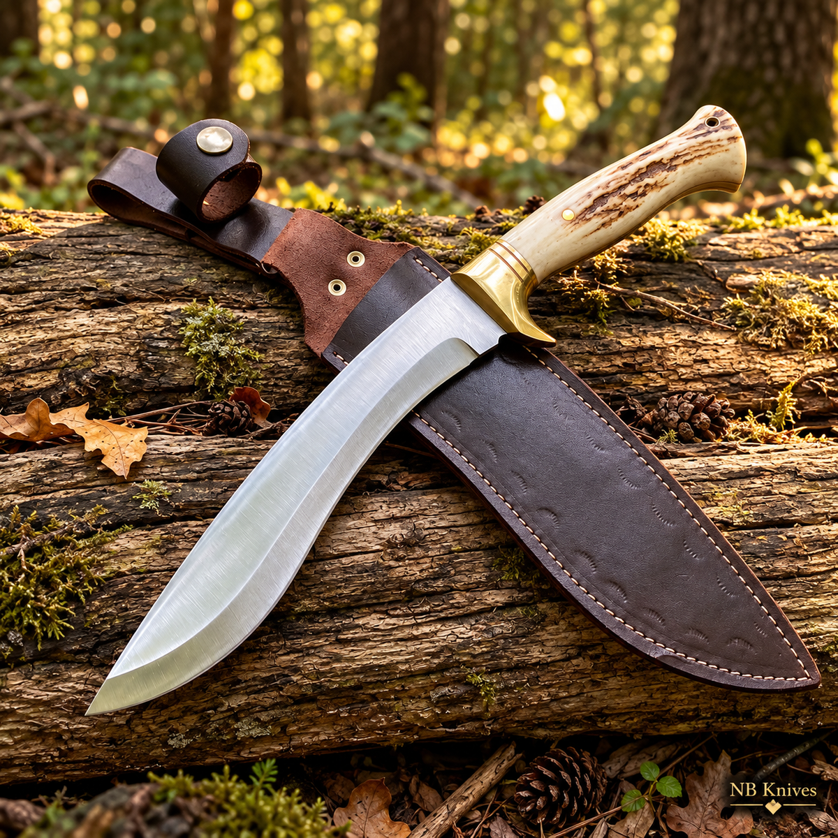 Custom Handmade 1095 High Carbon Steel Kukri Knife with Deer Antler Handle & Brass Guard