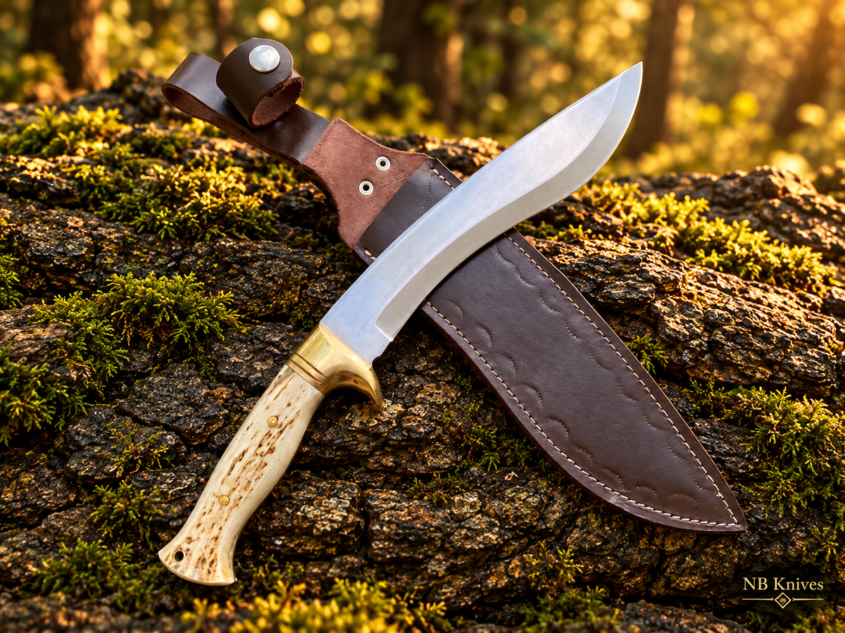Custom Handmade 1095 High Carbon Steel Kukri Knife with Deer Antler Handle & Brass Guard
