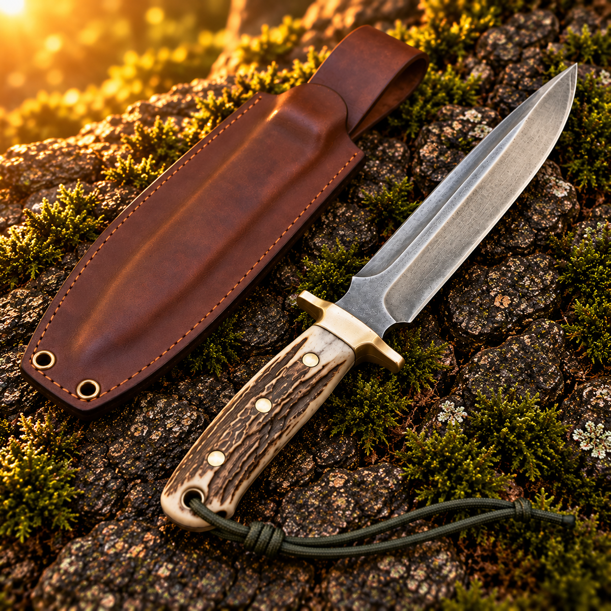 Handcrafted 1095 Steel Hunting Knife with Stag Horn Handle & Leather Sheath