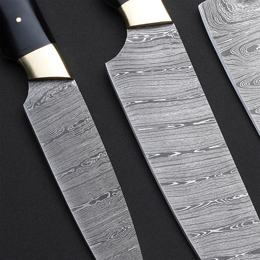 Custom Handmade Damascus Steel 5-Piece Chef Knife Set – Cow Bone & Black Horn Handles with Leather Roll