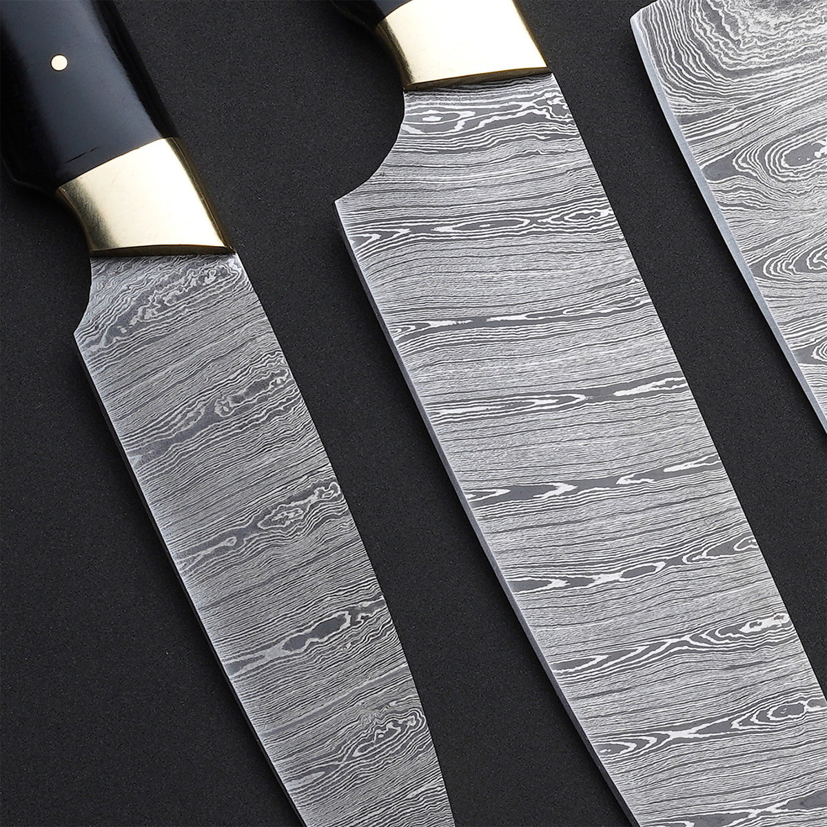 Custom Handmade Damascus Steel 5-Piece Chef Knife Set – Cow Bone & Black Horn Handles with Leather Roll