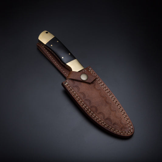 Handcrafted Damascus Steel Skinner Knife with Black Bull Horn & Brass Handle
