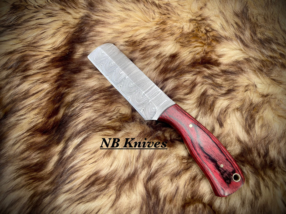Handcrafted Damascus Cowboy Bull Cutter with Pakka Wood Handle & Leather Sheath