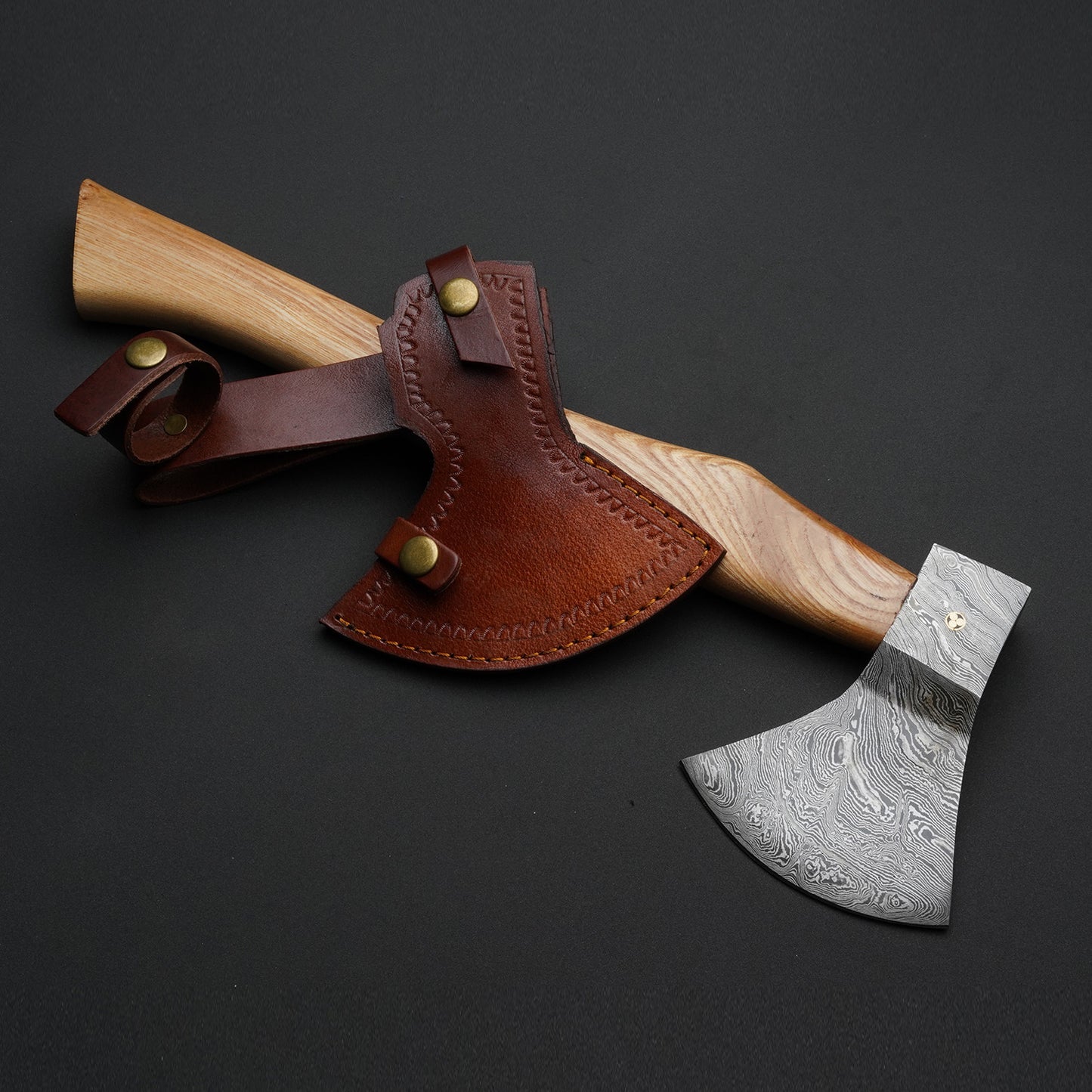 Custom Handmade Damascus Steel Beautiful Axe Handle Olive Wood With Leather Sheath