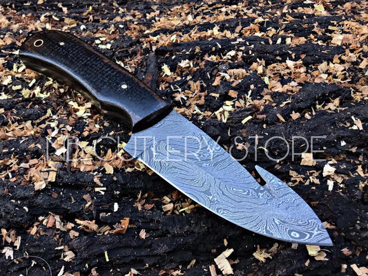 Damascus Steel Gut Hook Knife – Micarta Grip with Leather Sheath