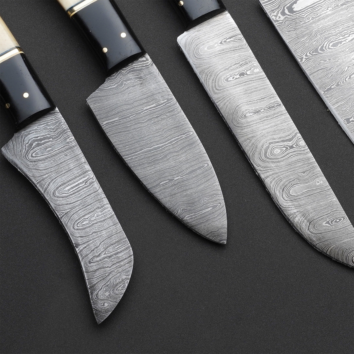 Custom Handmade Damascus Steel 6-Piece Chef Knife Set – Cow Bone, Black Horn & Hardwood Handles with Leather Roll
