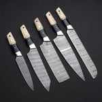 Custom Handmade Damascus Steel 5 Pcs Chef Set Handle Cow Bone/Black Horn With Leather Roll Kit Premium Kitchen Chef Knife Set for Gourmet Cooking