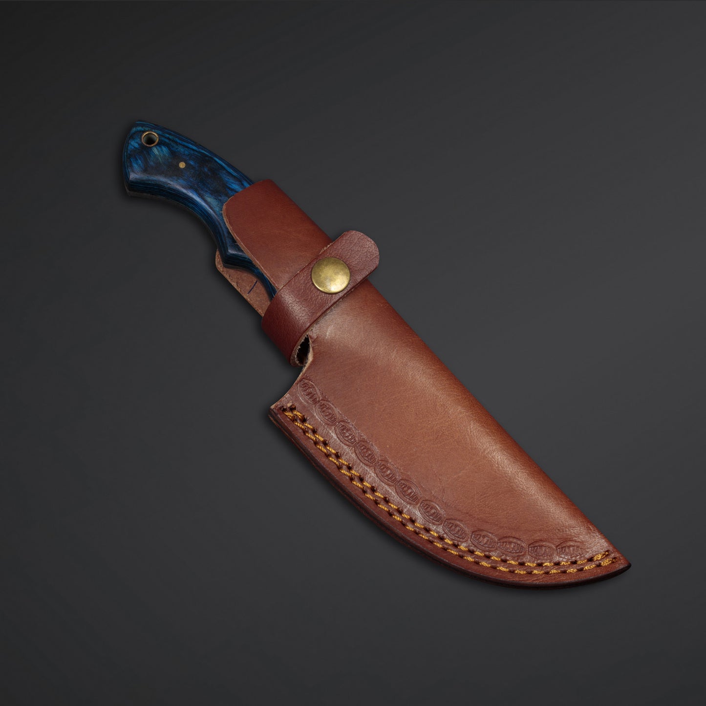 Beautiful Custom Handmade Damascus Steel Tracker Knife Handle Blue Dollar Sheet With Leather Sheath