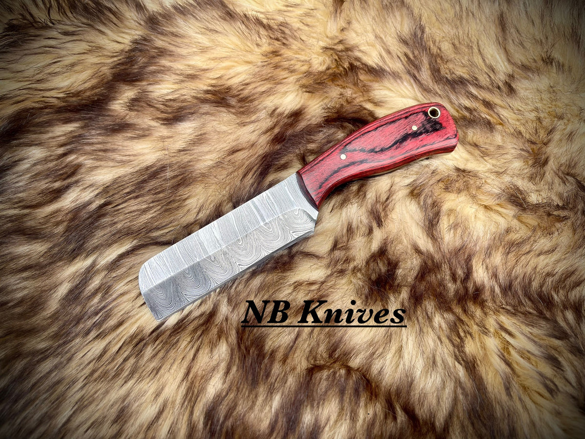 Handcrafted Damascus Cowboy Bull Cutter with Pakka Wood Handle & Leather Sheath
