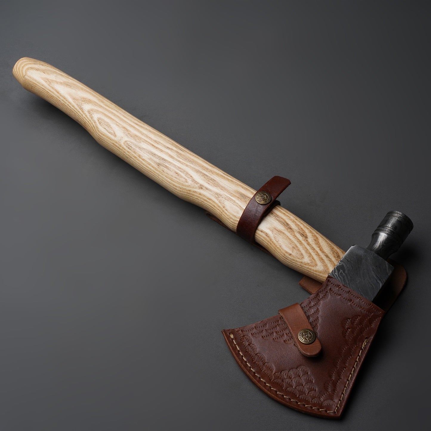 Custom Handmade Damascus Steel Smoking Axe Handle Olive Wood With Beautiful Leather Sheath