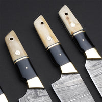 Custom Handmade Damascus Steel 5 Pcs Chef Set Handle Cow Bone/Black Horn With Leather Roll Kit Premium Kitchen Chef Knife Set for Gourmet Cooking