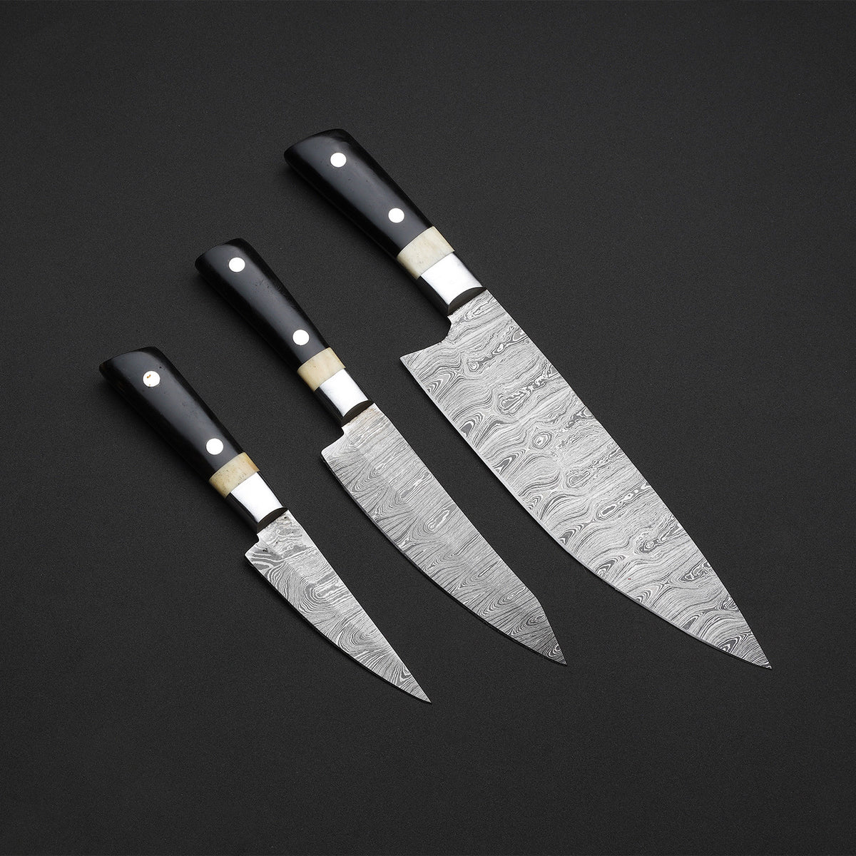 Custom Handmade Damascus Steel 3-Piece Chef Knife Set with Leather Roll Kit