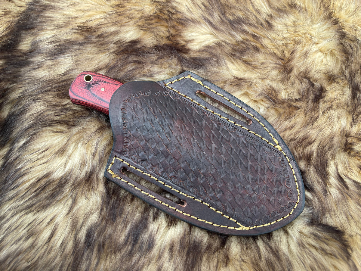 Handcrafted Damascus Cowboy Bull Cutter with Pakka Wood Handle & Leather Sheath