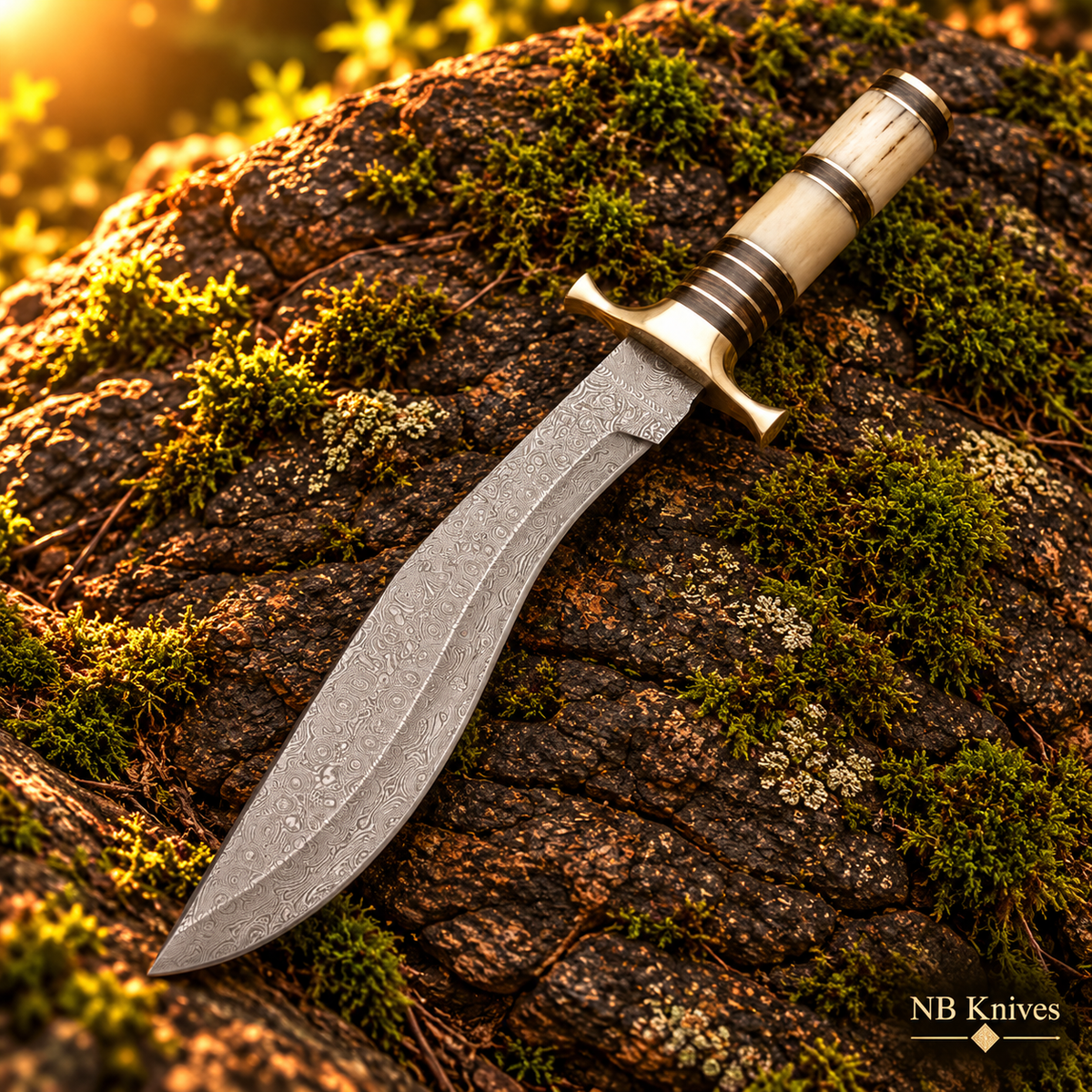 Hand-Forged Damascus Kukri Knife with Cow Bone Handle and Brass Fittings