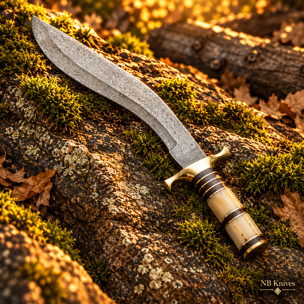 Hand-Forged Damascus Kukri Knife with Cow Bone Handle and Brass Fittings