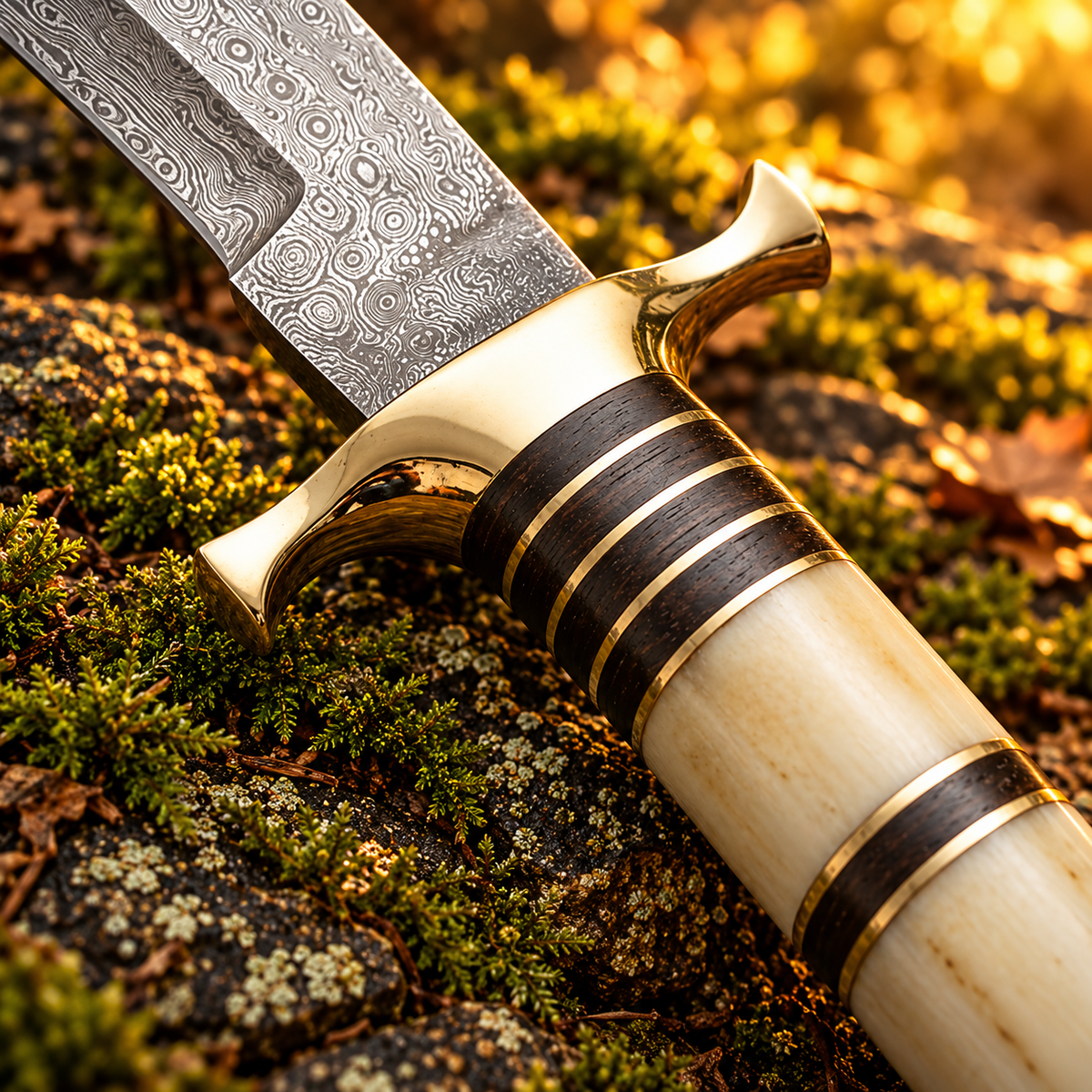Hand-Forged Damascus Kukri Knife with Cow Bone Handle and Brass Fittings