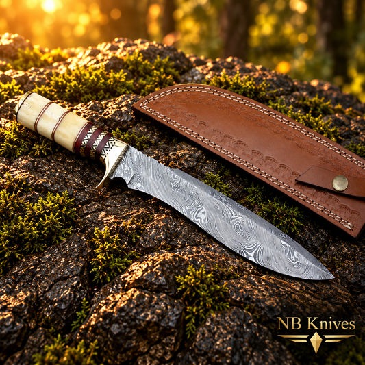 Custom Handmade Damascus Bowie Hunting Knife with Camel Bone & Rosewood Handle