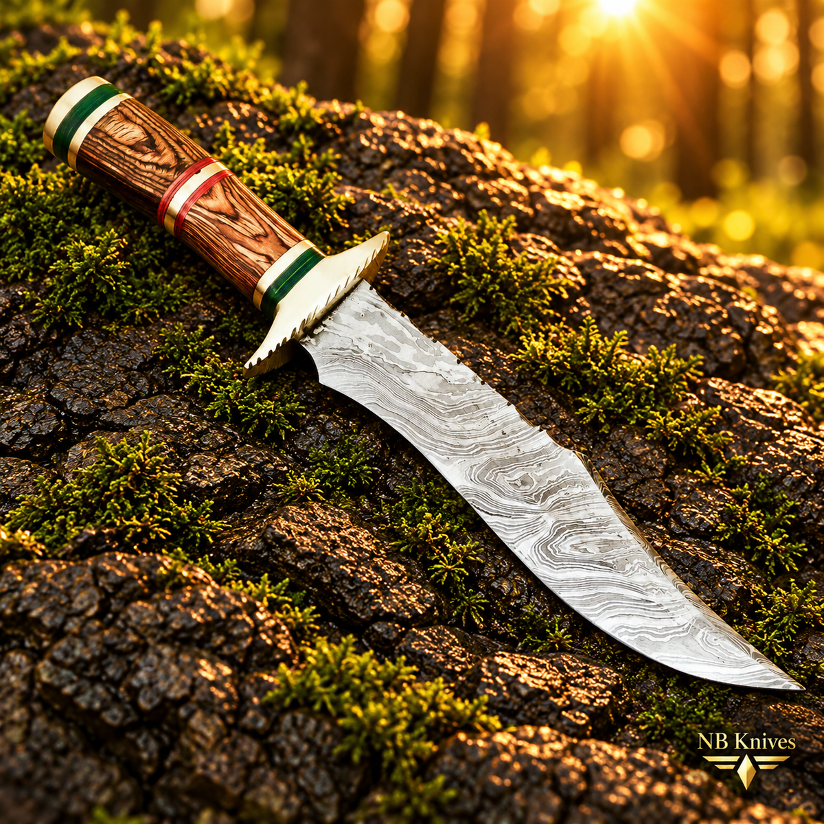 Custom Handmade Damascus Hunting Knife with Pakka Wood Handle & Brass Bolster