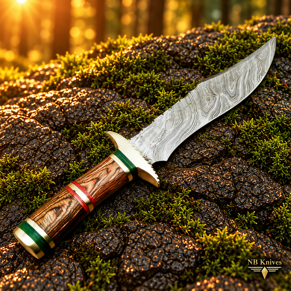 Custom Handmade Damascus Hunting Knife with Pakka Wood Handle & Brass Bolster