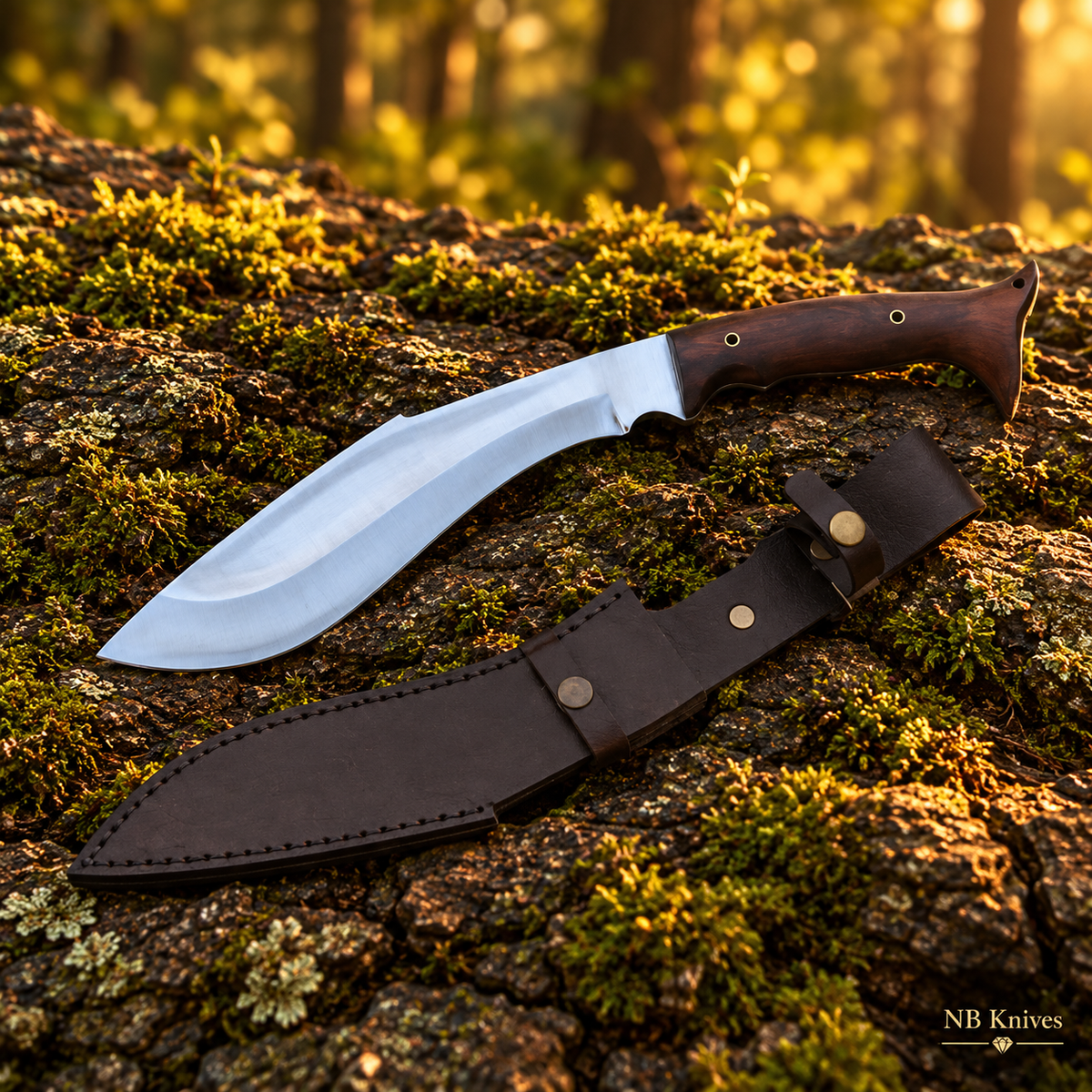 Custom Handmade D2 Steel Kukri Knife with Rosewood Handle & Leather Sheath