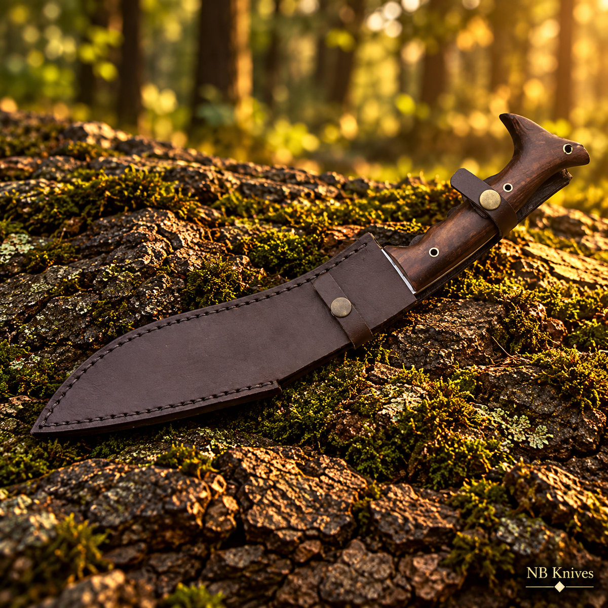 Custom Handmade D2 Steel Kukri Knife with Rosewood Handle & Leather Sheath