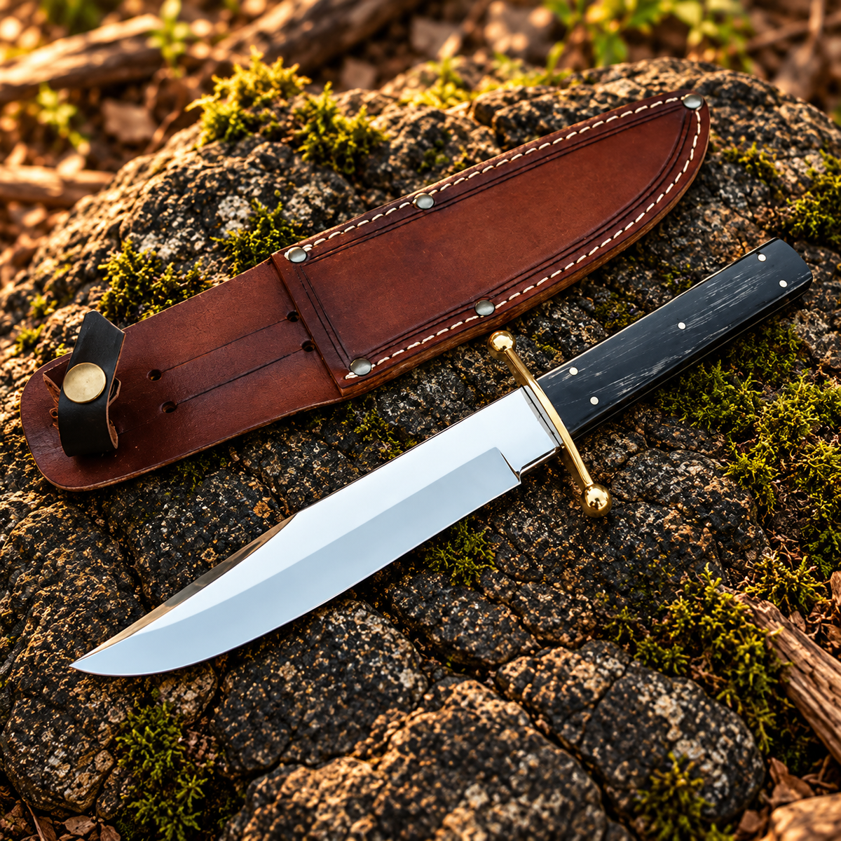 D2 Steel Bowie Hunting Knife with Buffalo Horn Handle & Leather Sheath