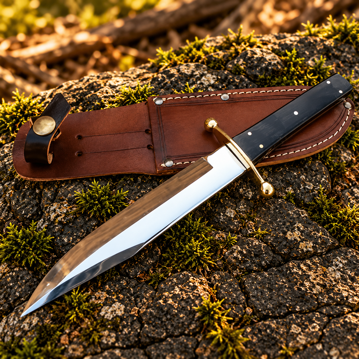 D2 Steel Bowie Hunting Knife with Buffalo Horn Handle & Leather Sheath