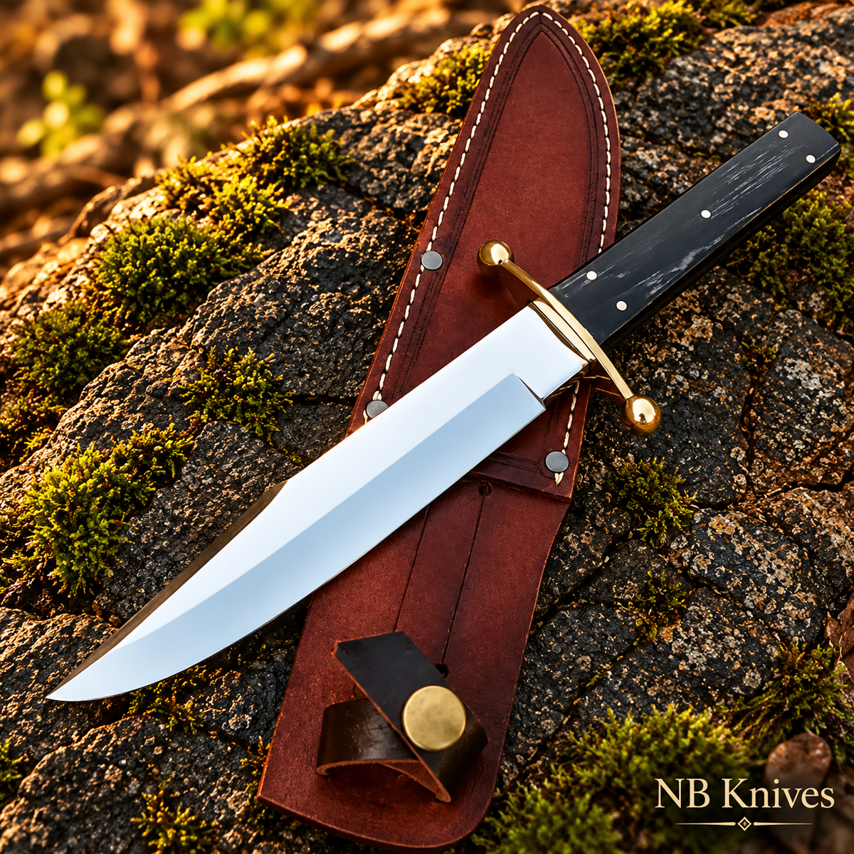 D2 Steel Bowie Hunting Knife with Buffalo Horn Handle & Leather Sheath