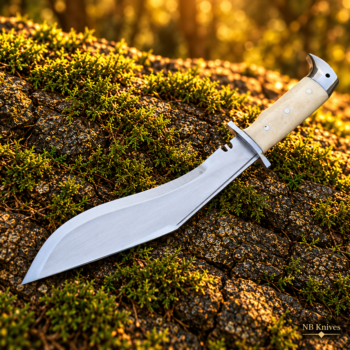 Handcrafted D2 Steel Kukri Knife with Camel Bone Handle and Stainless Steel Fittings