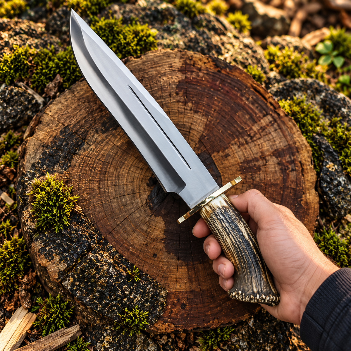 D2 Steel Bowie Knife with Stag Horn Handle & Leather Sheath
