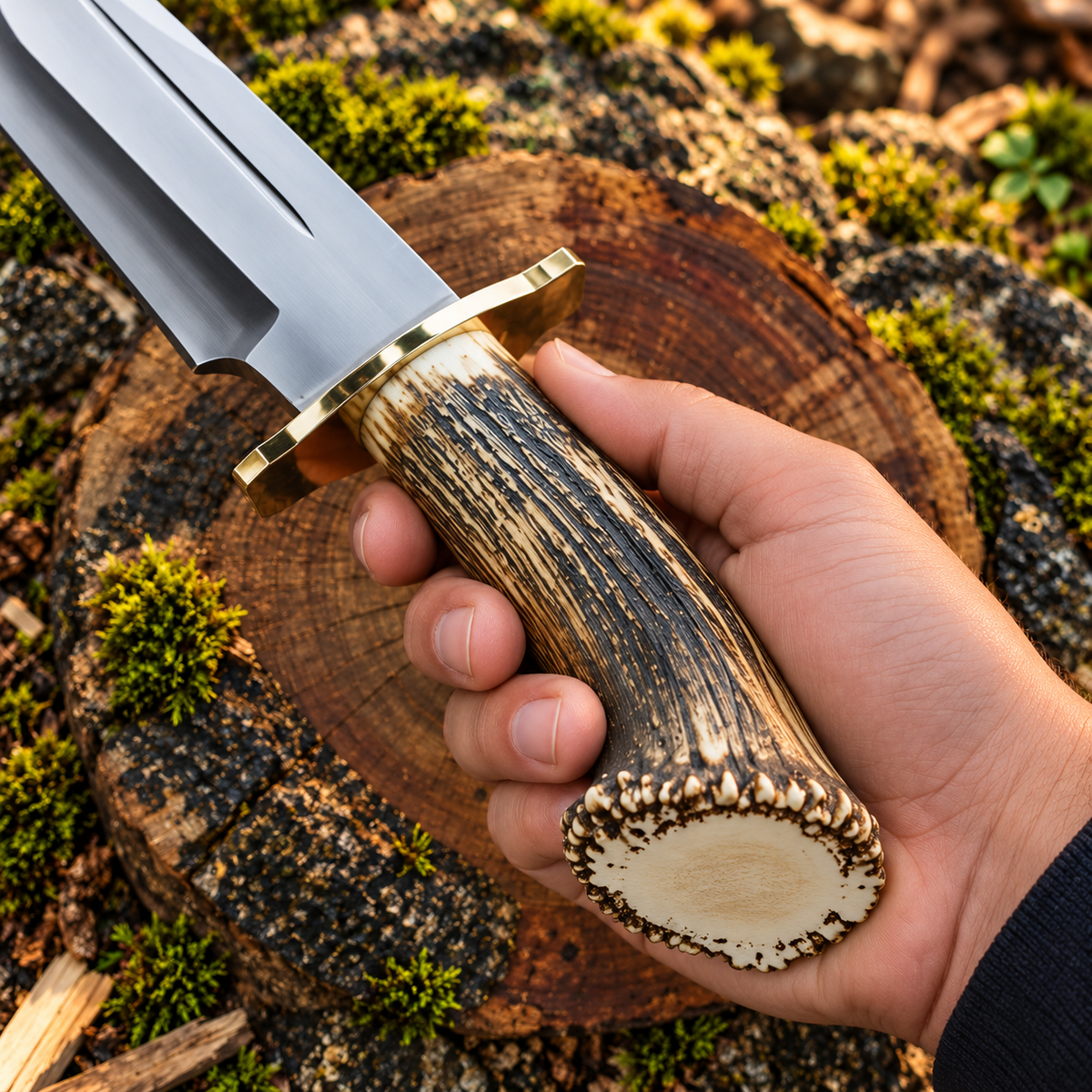 D2 Steel Bowie Knife with Stag Horn Handle & Leather Sheath