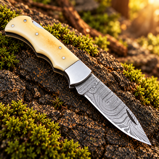 Damascus Back Lock Folding Knife with Camel Bone Handle