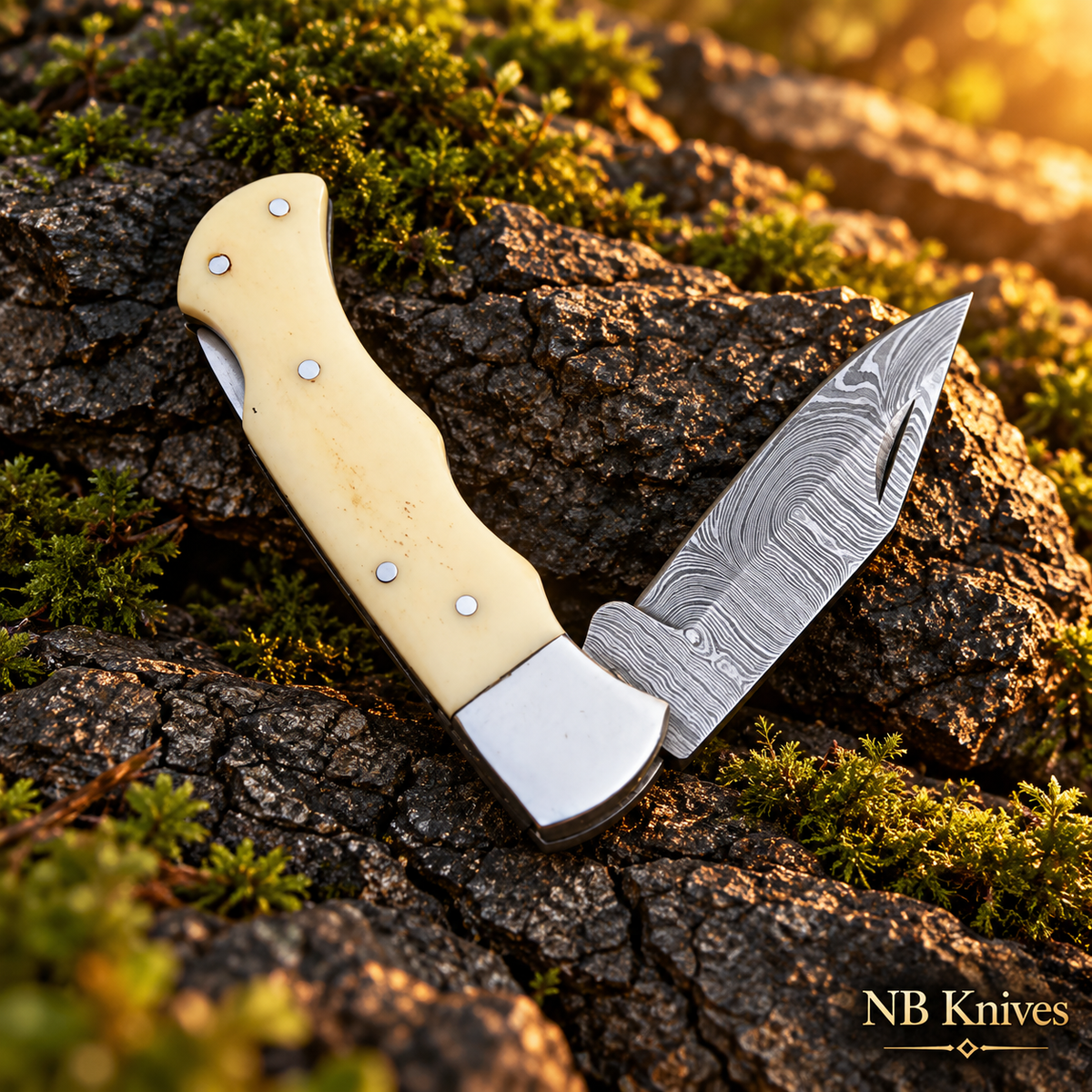Damascus Back Lock Folding Knife with Camel Bone Handle