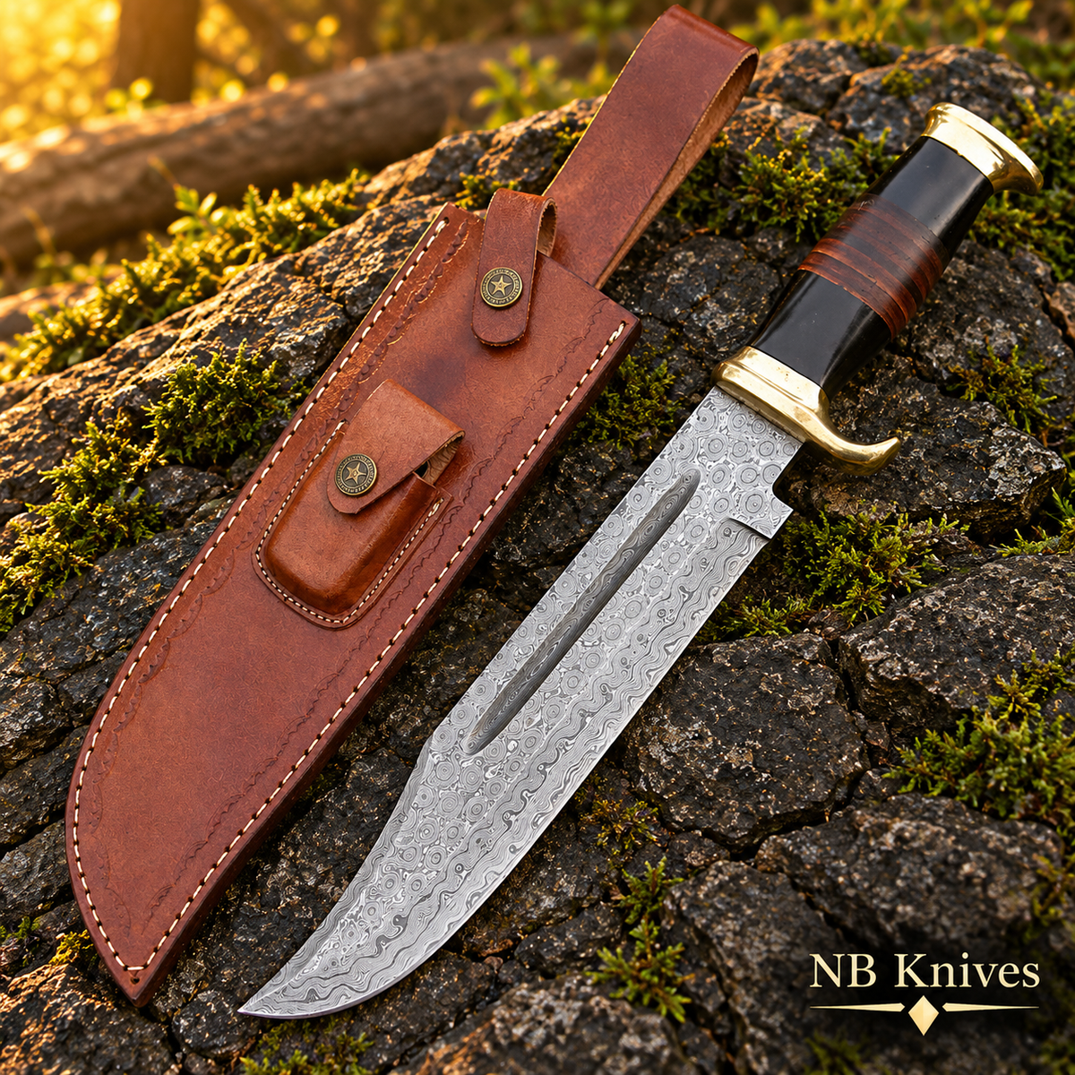 Buffalo Horn & Rosewood Damascus Bowie Knife with Brass Guard