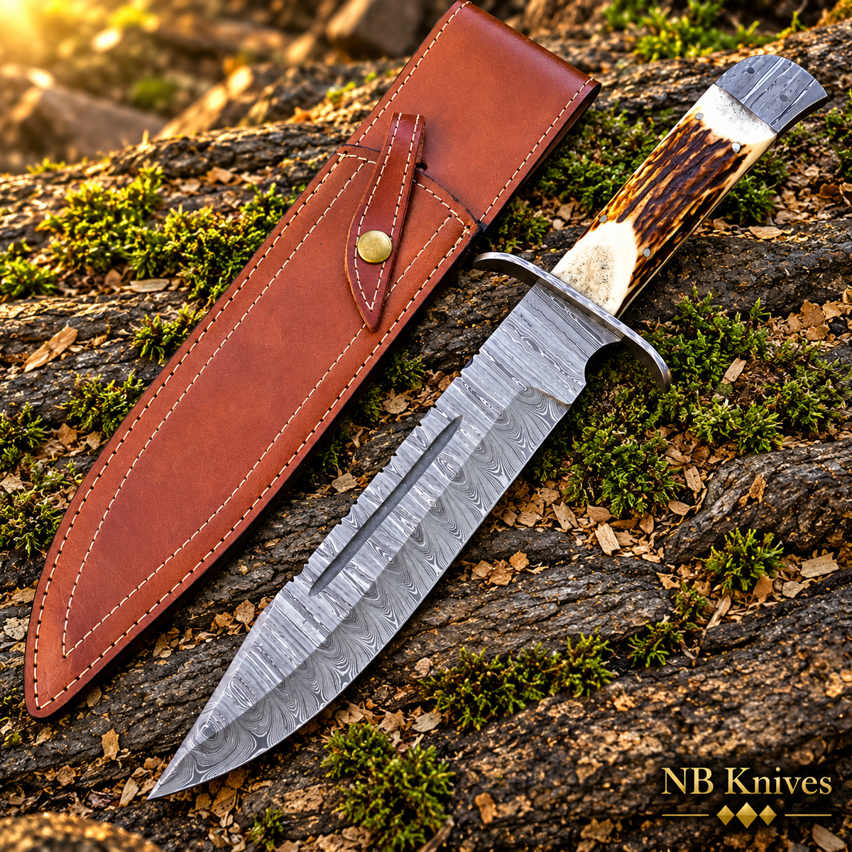 Handcrafted Damascus Bowie Knife with Stag Antler Handle & Leather Sheath