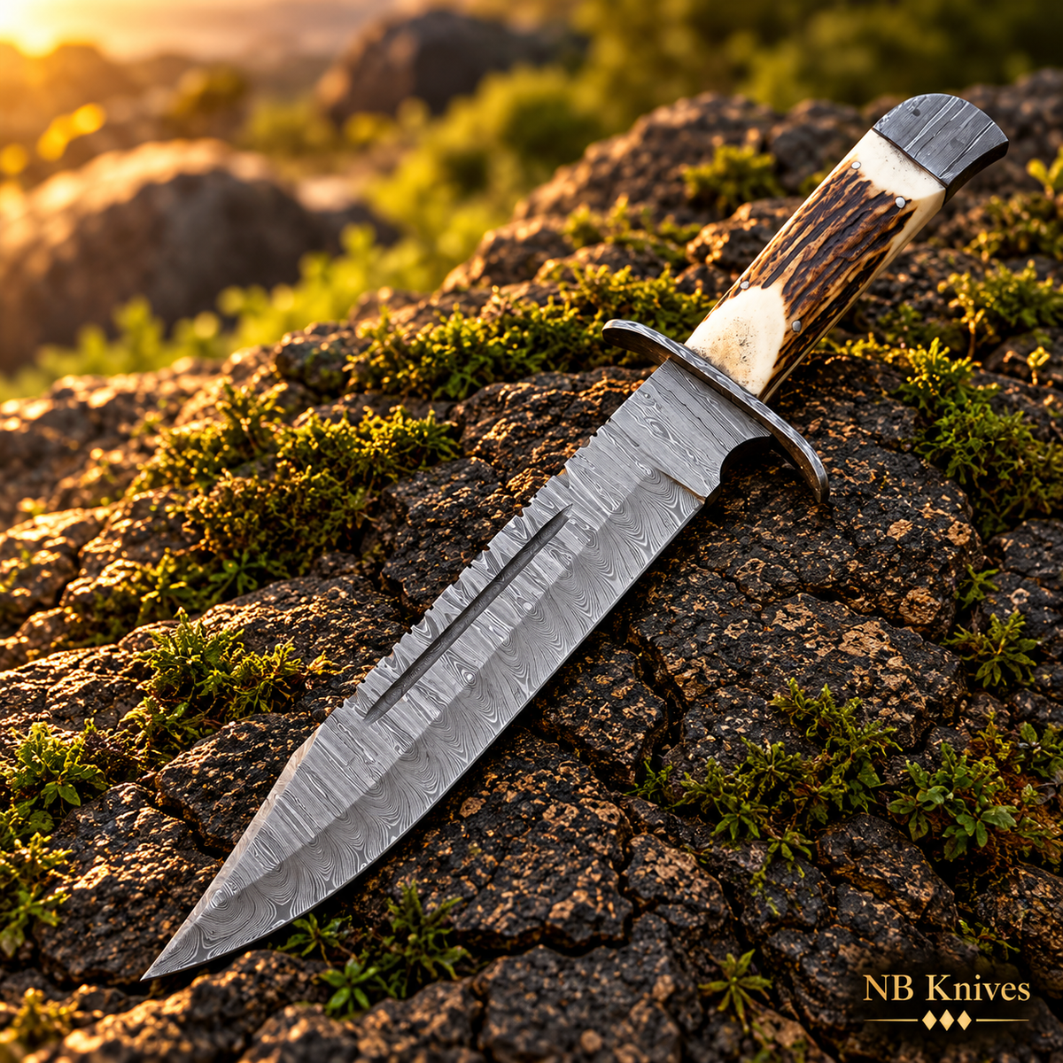 Handcrafted Damascus Bowie Knife with Stag Antler Handle & Leather Sheath