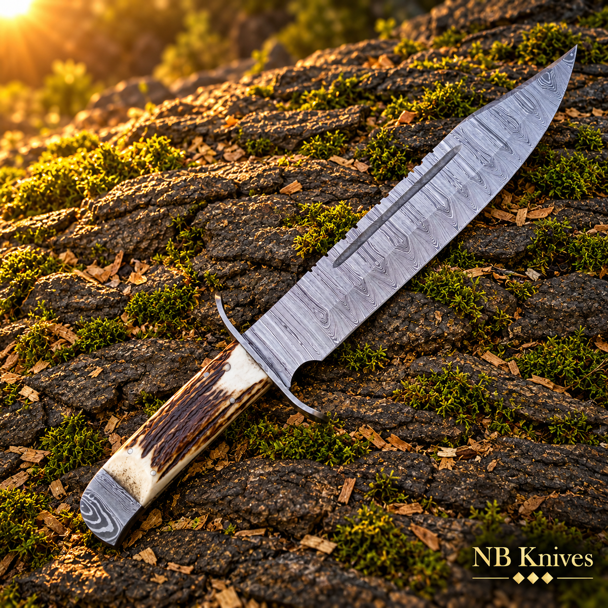 Handcrafted Damascus Bowie Knife with Stag Antler Handle & Leather Sheath