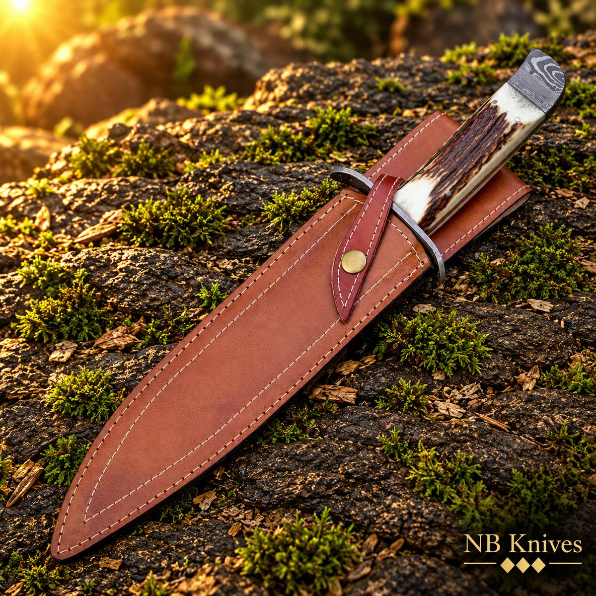 Handcrafted Damascus Bowie Knife with Stag Antler Handle & Leather Sheath