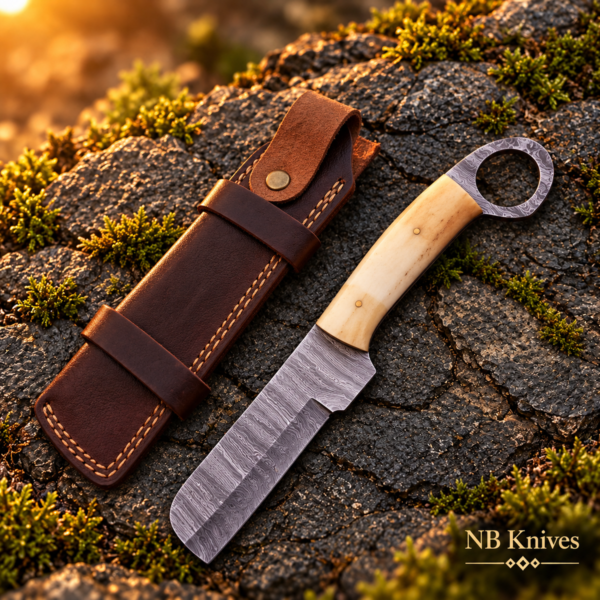 Handcrafted Damascus Cowboy Bull Cutter Knife with Cow Bone Handle