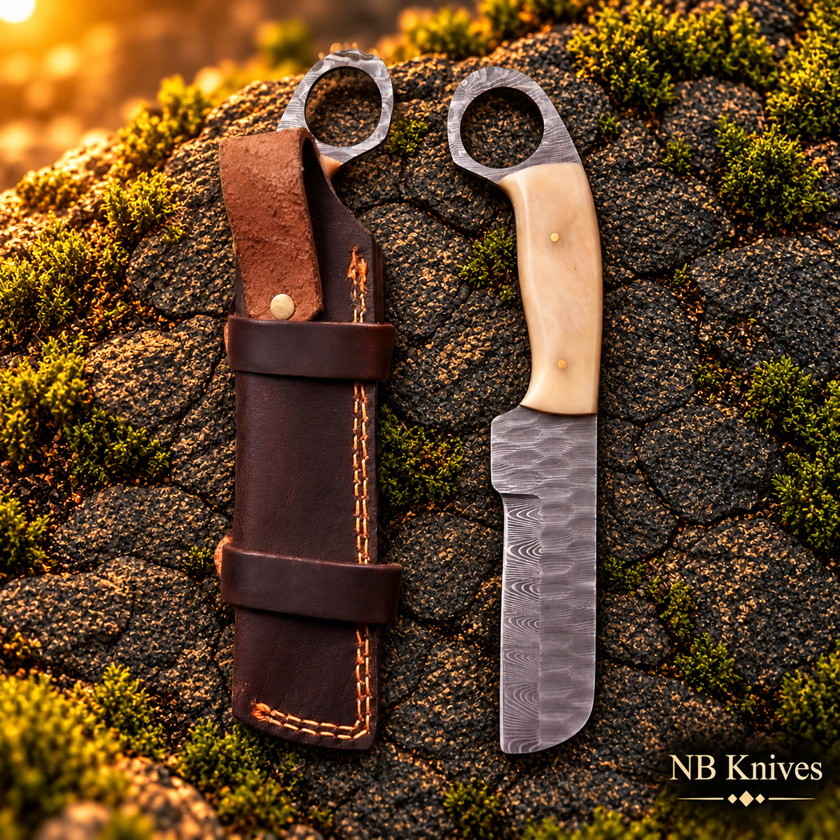 Handcrafted Damascus Cowboy Bull Cutter Knife with Cow Bone Handle