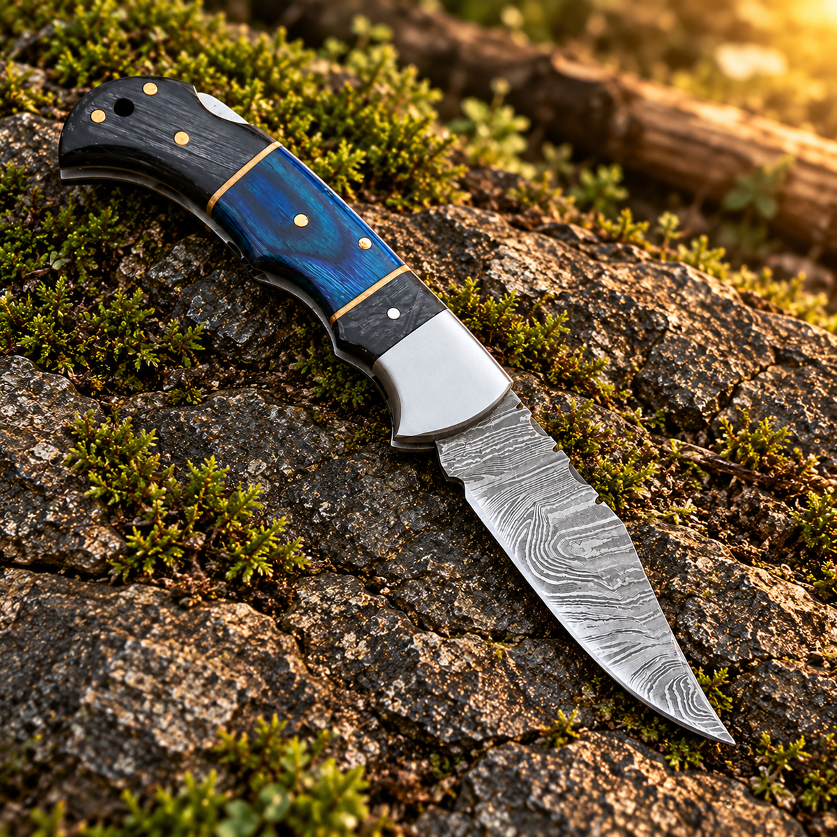 Hand Forged Damascus Folding Knife with Black & Blue Handle