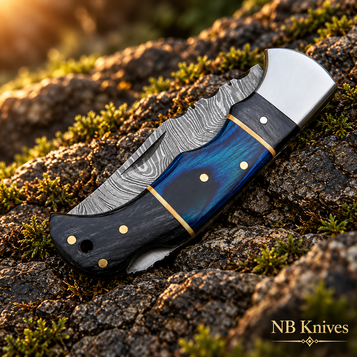 Hand Forged Damascus Folding Knife with Black & Blue Handle