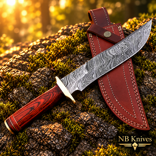 Damascus Hunting Bowie Knife with Pakka Wood Handle & Leather Sheath