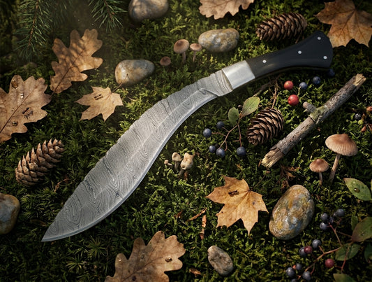 Damascus Kukri Knife Featuring Micarta Handle and Stainless Steel Bolster
